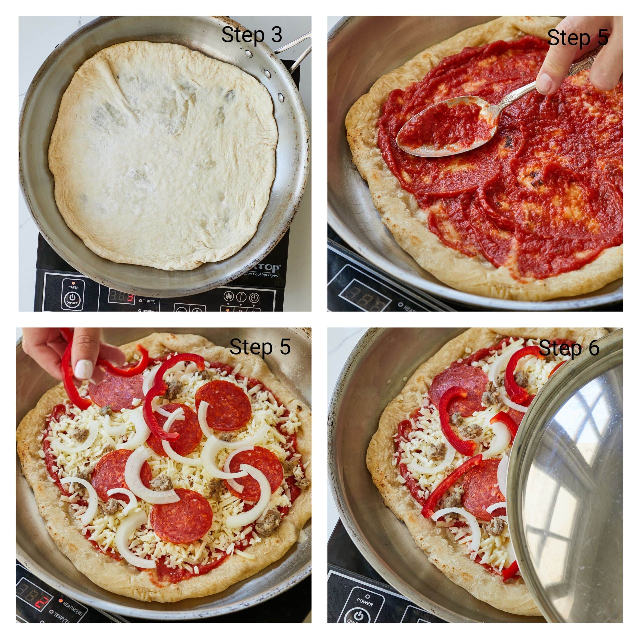 Step-by-step instructions on how to pan fry the pizza: lay the pizza dough in the pan and cook until the crust bubbles and rises up but is only very slightly browned. Flip back over and spread the browned side with a thin layer of pizza sauce; add cheese and any of your desired toppings; Turn off the heat and place the lid back on for about 5 minutes to allow the toppings to heat up, the cheese to melt and the crust to crisp in the residual heat.