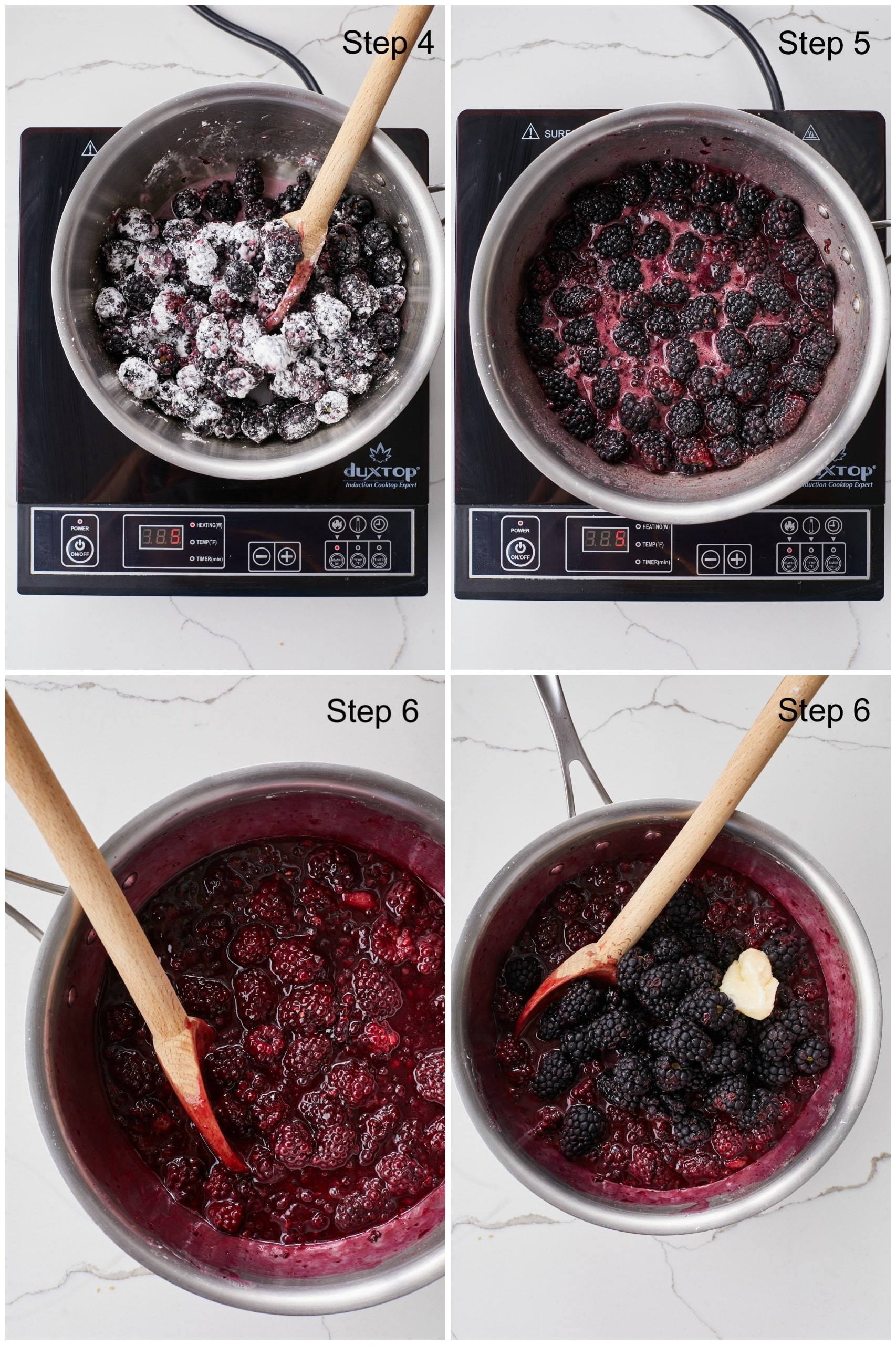 Step-by-step instructions on how to make Blackberry Pie: In a medium saucepan whisk together the sugar, cornstarch, salt and water. Add 2 cups (10 oz/284 g) of blackberries and bring to a simmer over medium-low heat, using a wooden spoon to slightly mash the berries as they cook. Let the mixture simmer vigorously for 1 or 2 minutes, stirring constantly, until thickened and clear. Remove from the heat, stir in the remaining 3 cups (15 oz/426 g) blackberries, butter and lemon juice until well combined