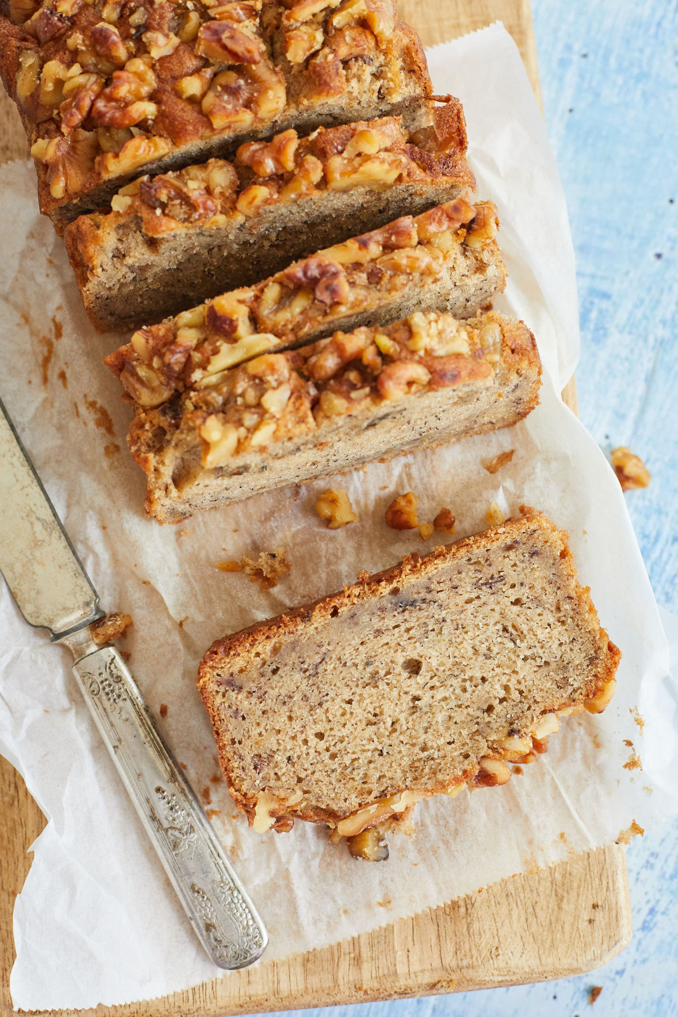 Slices of Mia's family Banana Nut Bread recipe.