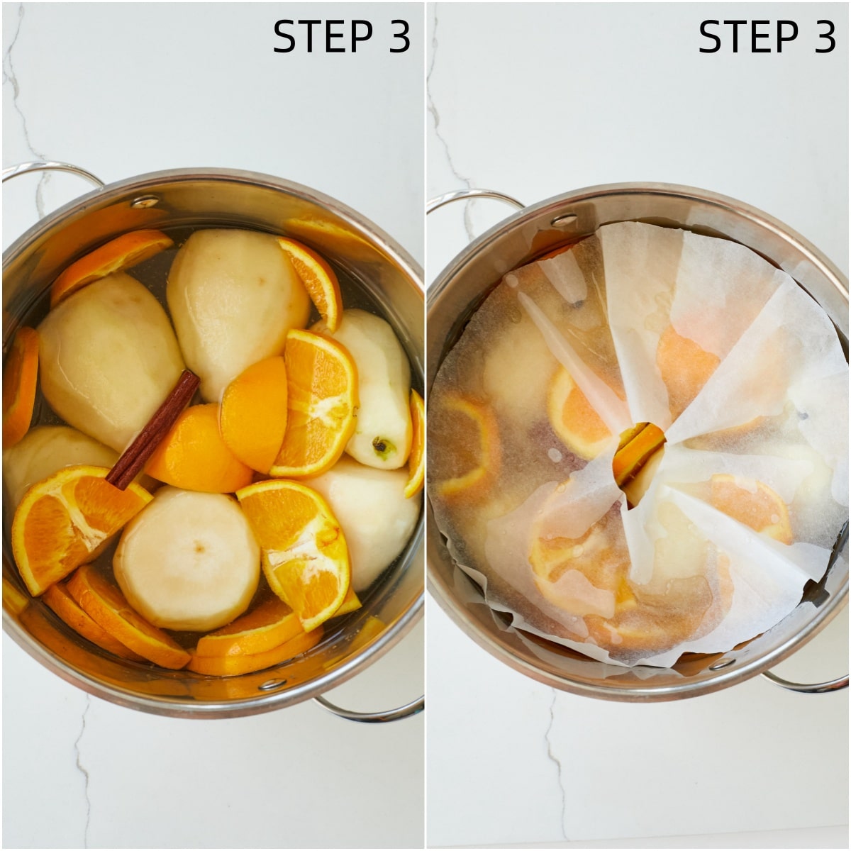 Step-by-step instructions on how to make Poached Pears: Add the pears to the pot with orange slices and spices, then cut a circle of parchment paper large enough to fit in the pot on top of the pears. Cut a small circle in the middle for venting and place it on top of the pears in the water.