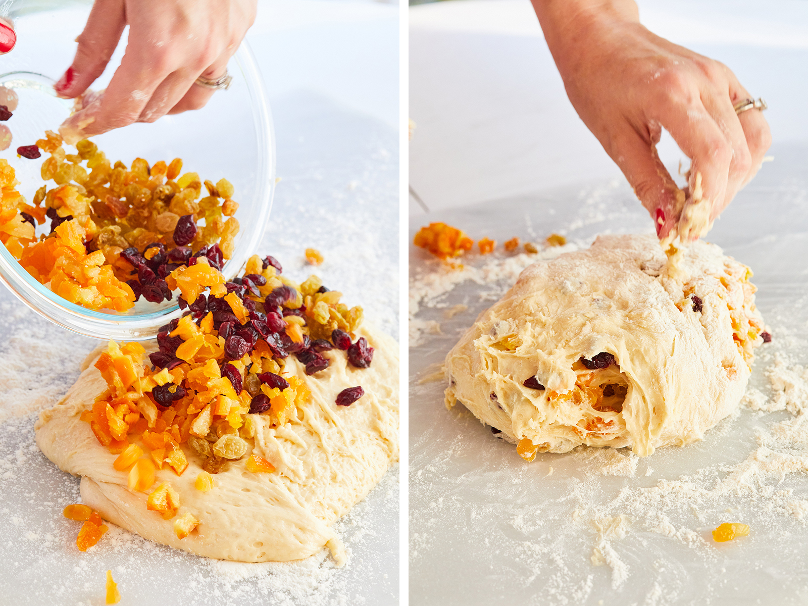 Adding the fruit and mixed peel to Panettone dough.