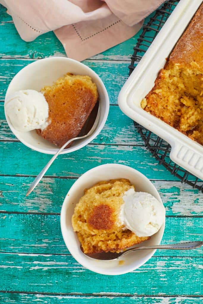 Gooey sweet South African Malva Pudding is served with ice cream