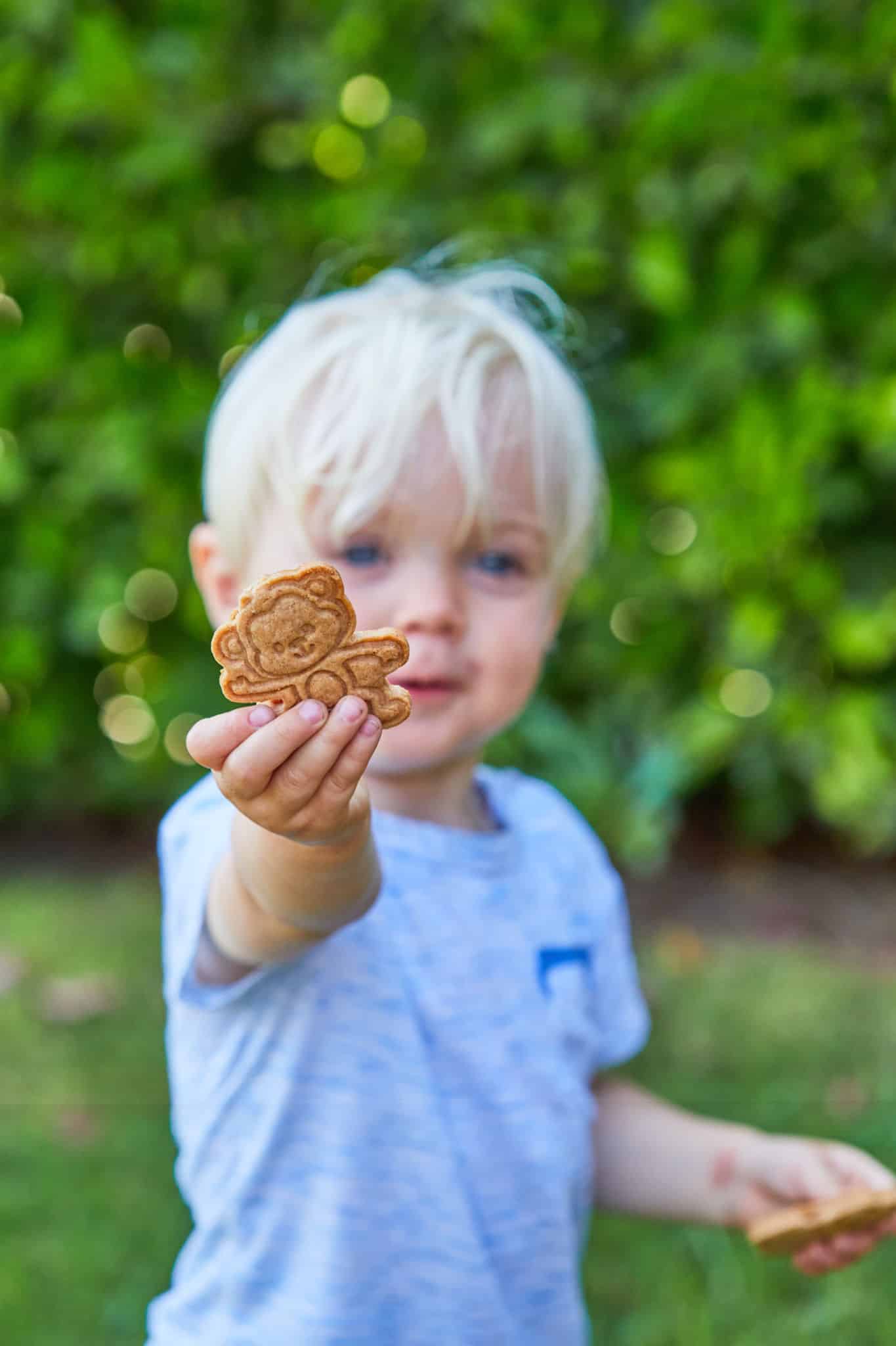 My son Georgie holding out an animal cracker for you to try.