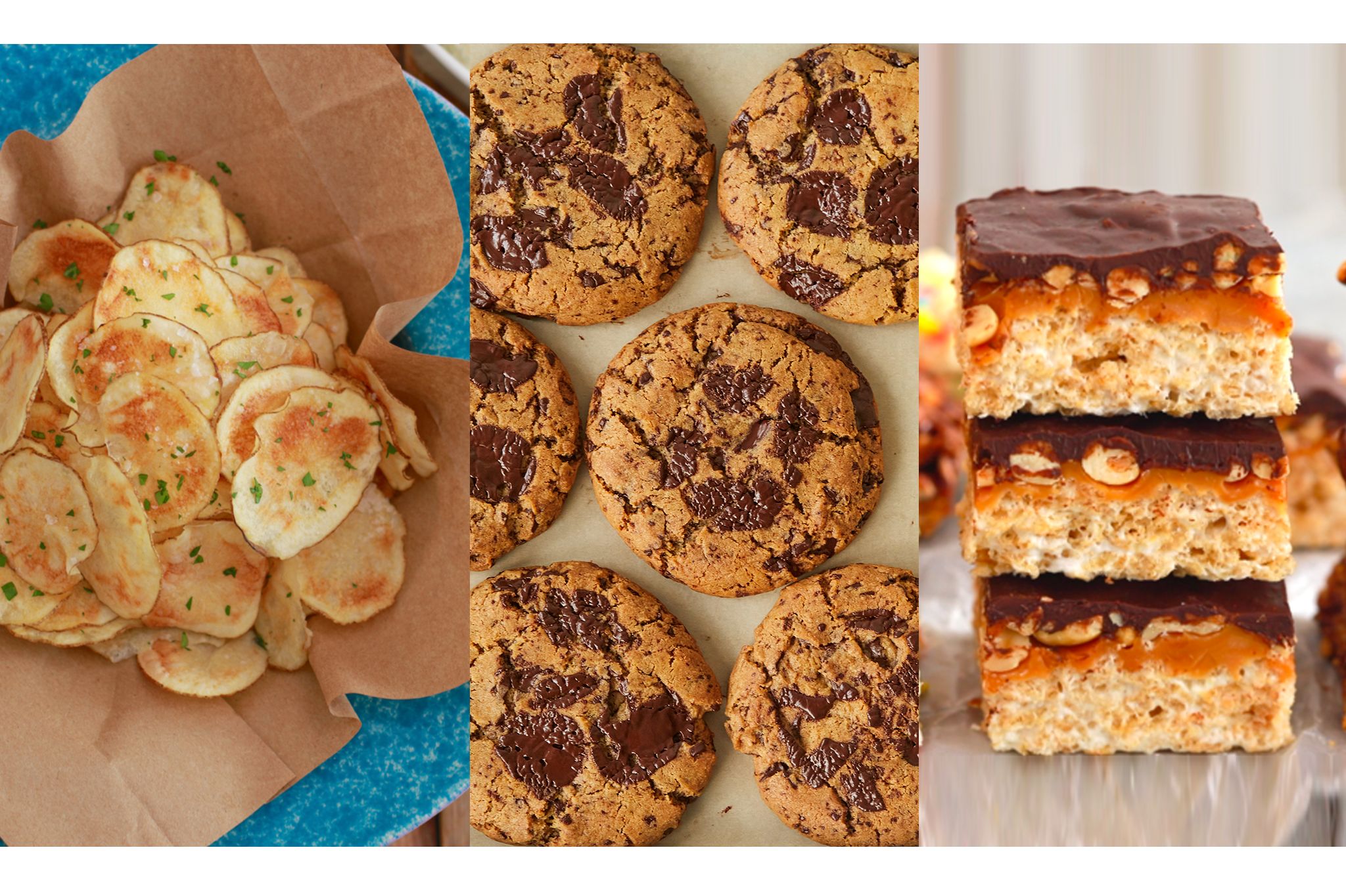 Three images are situated side by side. On the left are homemade microwavable potato chip. In the middle are chocolate and peanut butter cookies. On the right are homemade Rice Krispies bars.