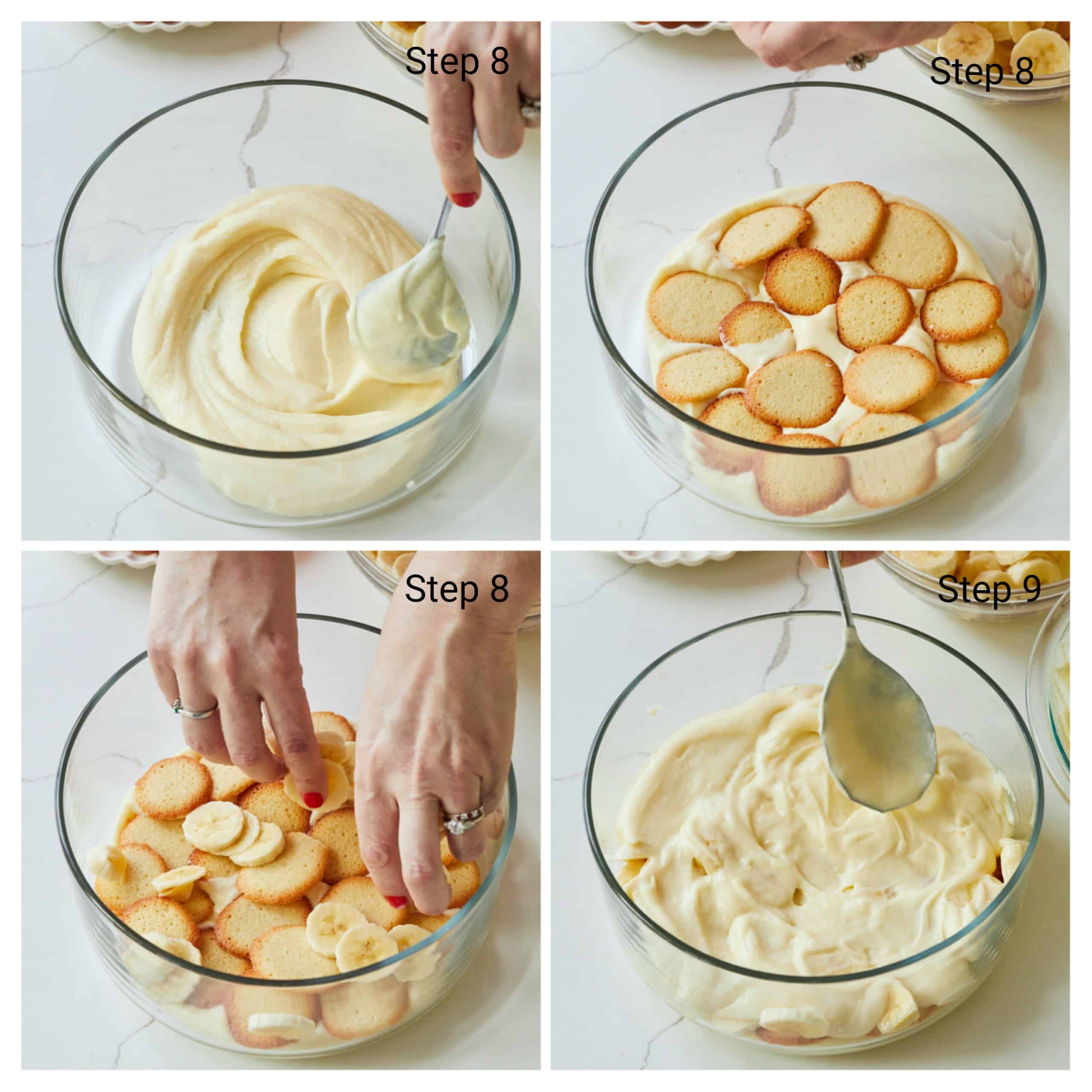 Step-by-step instructions on how to Make Banana pudding : Spread pudding in the bottom of a serving bowl. Layer half of the Nilla Wafers over the pudding followed by half of the banana slices. Spread another layer of pudding on top of the bananas, then layer on the remaining wafers and remaining bananas.