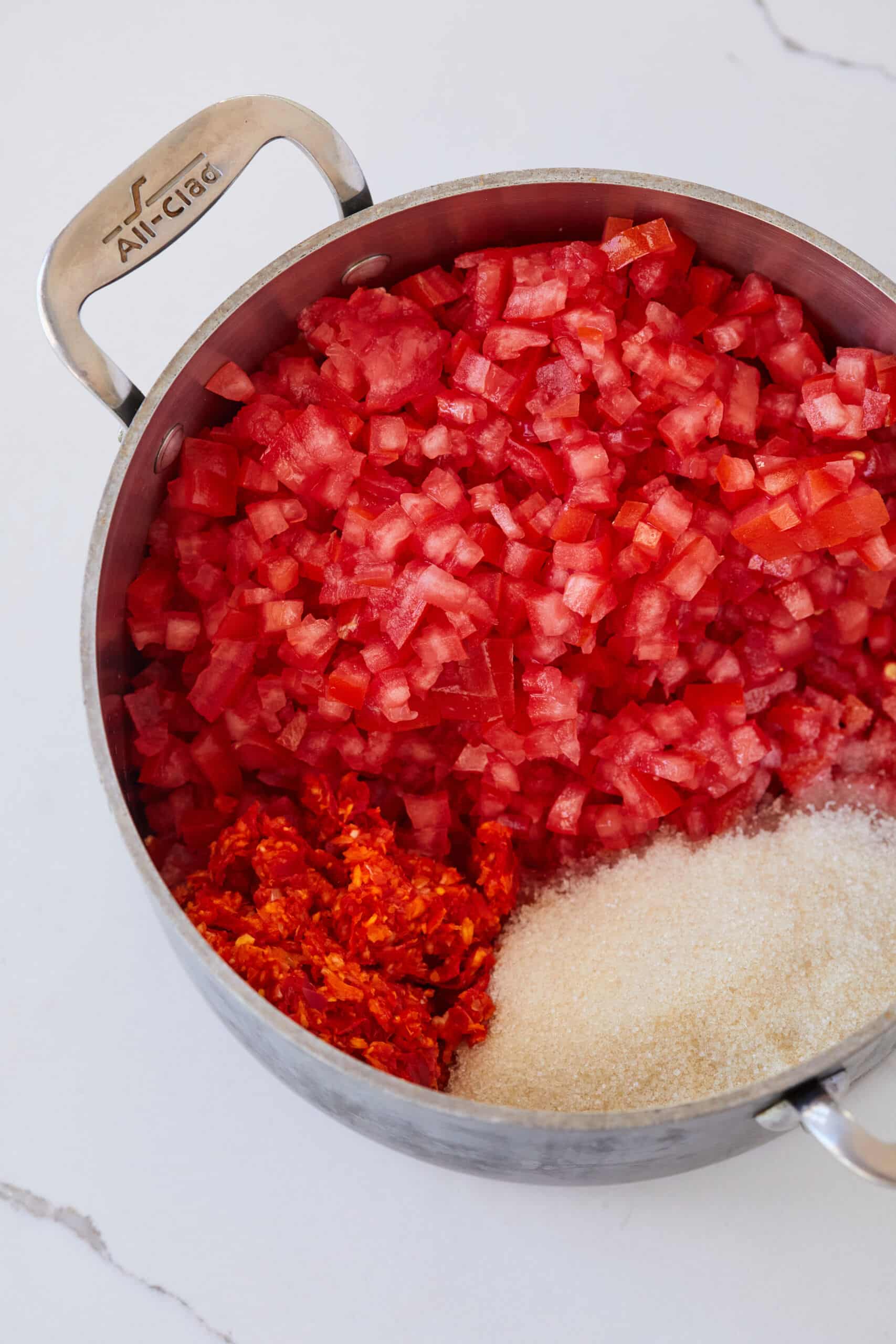 key Ingredients of Tomato Chilli Chutney: chopped tomatoes, chilies, and golden brown sugar.