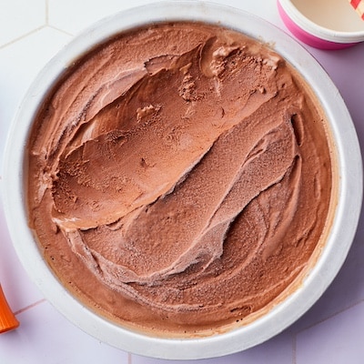 The smooth and thick Healthy Chocolate Frozen Yogurt is chilled and ready to serve.