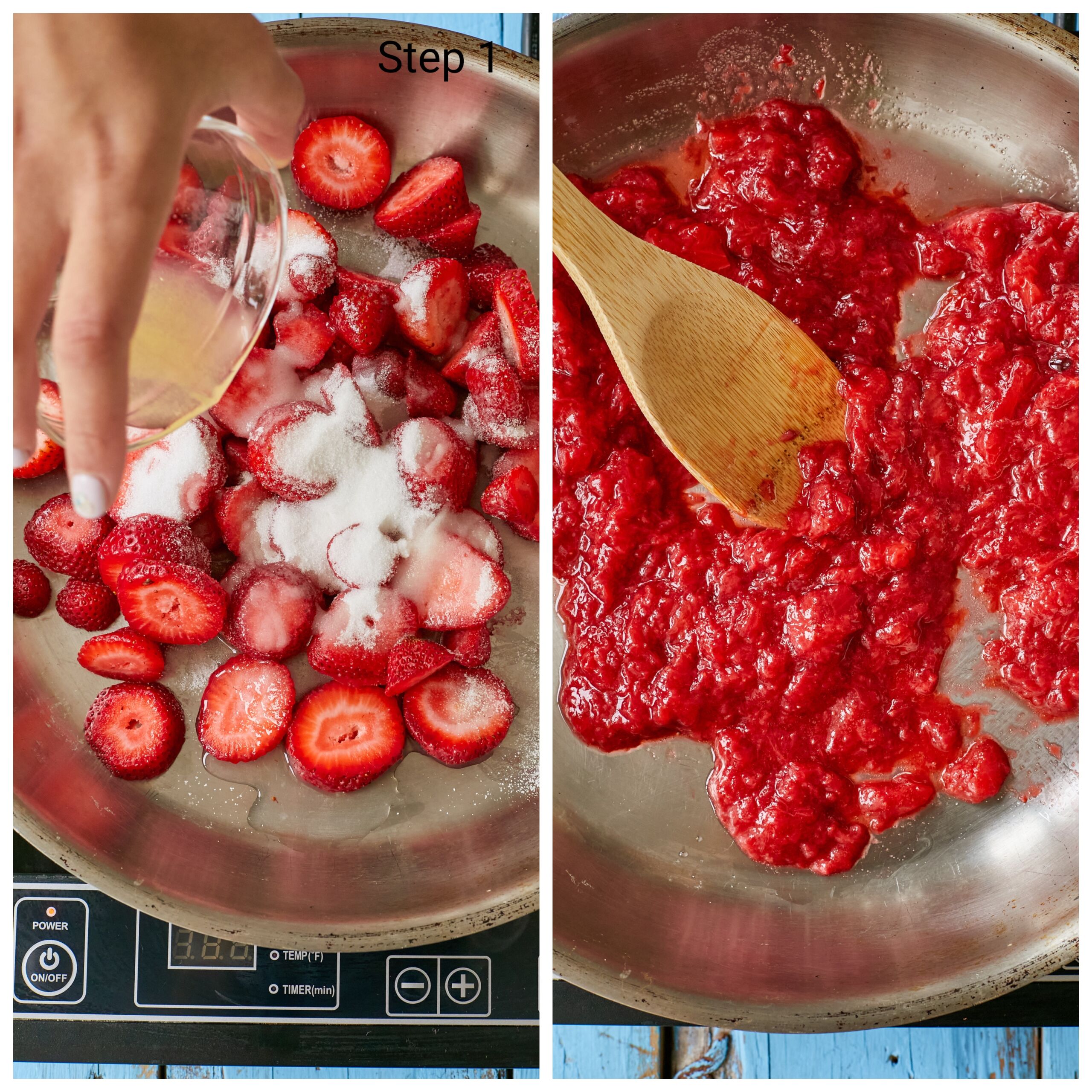 Step-by-step instructions on how to make Strawberry Cheesecake Ice Cream, step1: cook strawberries, ¼ cup (20 oz/57 g) sugar, and 1 tablespoon of lemon juice for about 10 minutes until strawberries break down and get thick and jammy. Mash up any remaining large berry pieces.