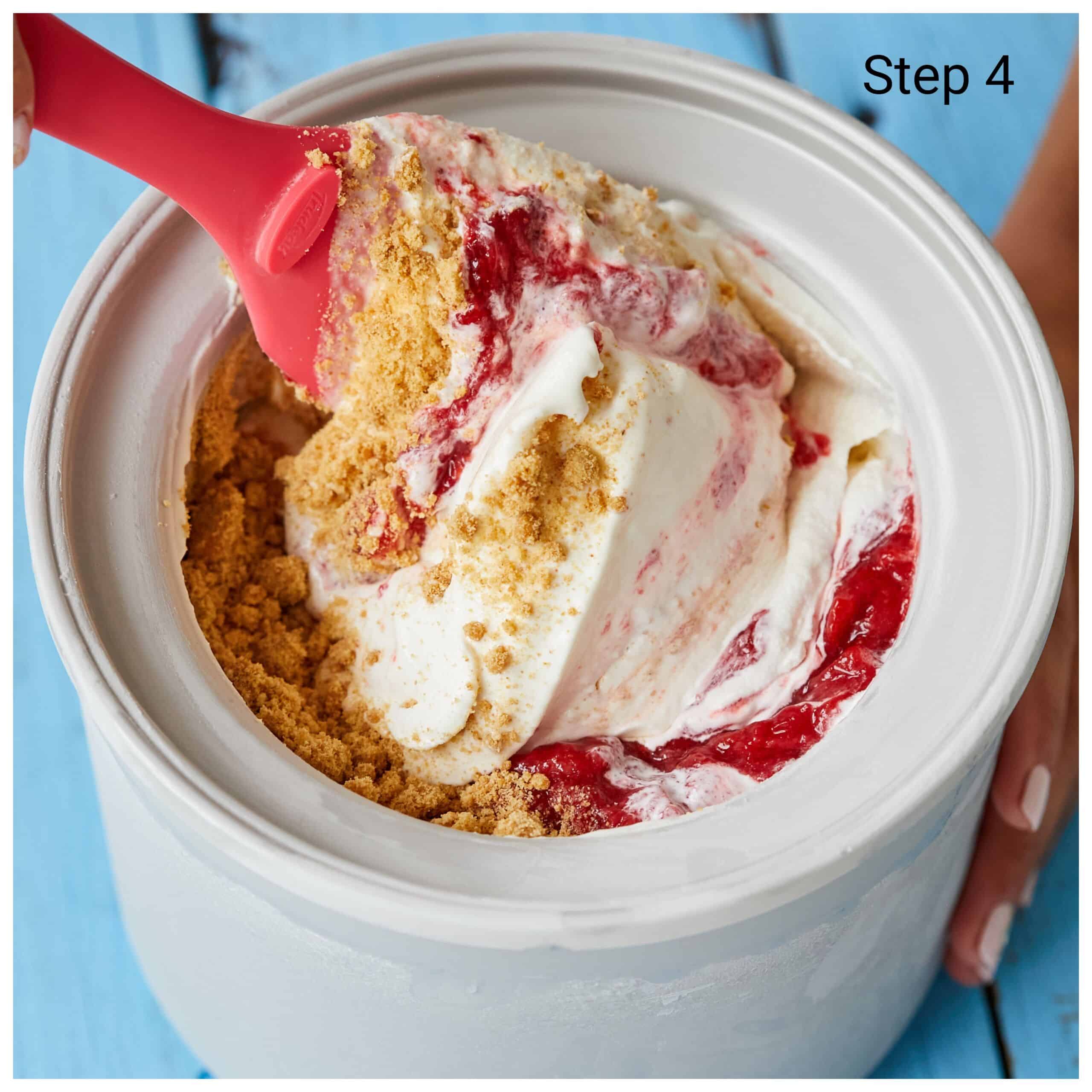Step-by-step instructions on how to make Strawberry Cheesecake Ice Cream, step4: Gently fold in the strawberry mixture and Graham cracker crumbles.