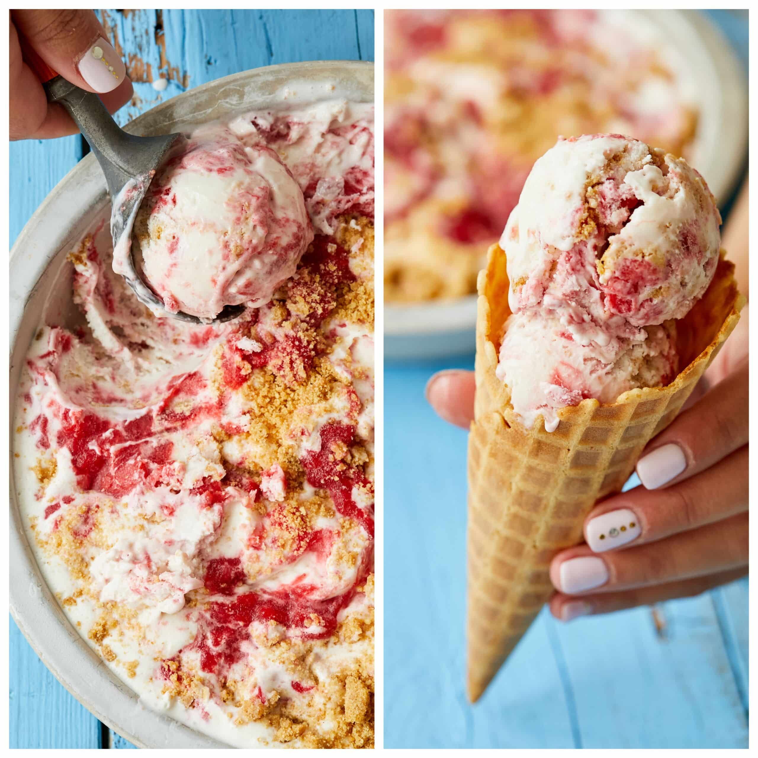 Scoop the Strawberry Cheesecake Ice Cream and serve it in an ice cream cone.