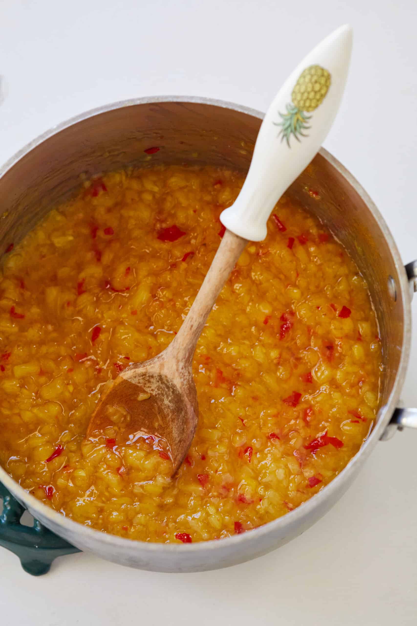 Cook the pineapple chutney until translucent.